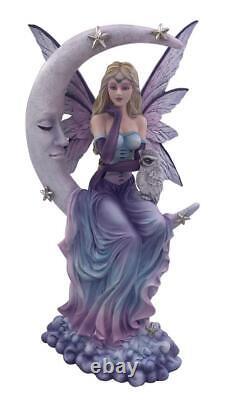 Celestial Purple Fairy Resin Figure Fantasy Statue with Owl and Crescent Moon