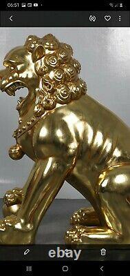 Chinese Gold Guardian Lions Pair Lifesize Statues Figures 4ft High