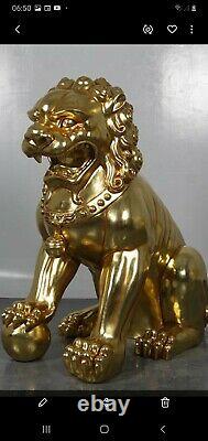 Chinese Gold Guardian Lions Pair Lifesize Statues Figures 4ft High