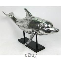 Dolphin Figure Statue 84cm Silver Electroplated Resin Sea Mammal Sculpture