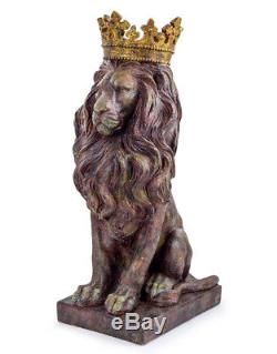 Large Rustic Lion with Gold Crown Sitting Figure Statue 93 cm High