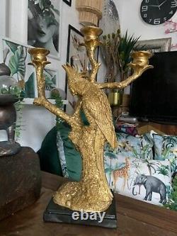 Large luxury Gold parrot on a branch Statue Figure Ornament candle holder