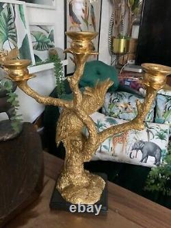 Large luxury Gold parrot on a branch Statue Figure Ornament candle holder