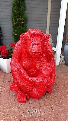 Red Fibreglass / Resin Chimpanzee & Baby Sitting Statue / Figure