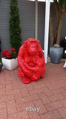 Red Fibreglass / Resin Chimpanzee & Baby Sitting Statue / Figure