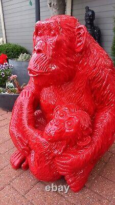 Red Fibreglass / Resin Chimpanzee & Baby Sitting Statue / Figure