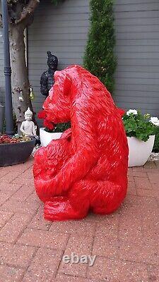 Red Fibreglass / Resin Chimpanzee & Baby Sitting Statue / Figure