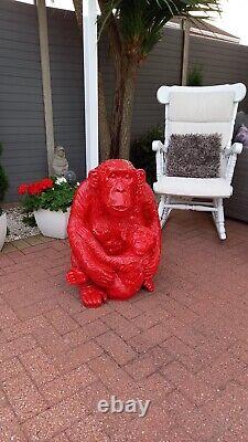 Red Fibreglass / Resin Chimpanzee & Baby Sitting Statue / Figure