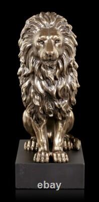 Sitting Lions Figure on Black Monolith Veronese Bronze-Look Statue
