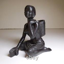 Statue Sculpture Figure Woman Basket Resin Black Vintage Art Deco N8179
